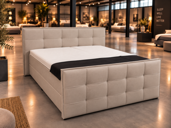 Beige Boxspring Valenza met hoog gestoffeerd voetbord en vakkenpatroon